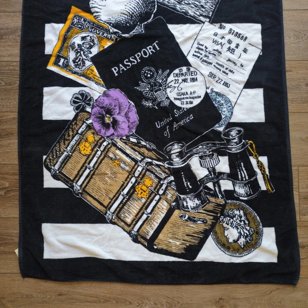 Vtg Hilasal Travel Passport Beach Towel Black White Striped Nautical‎ 64x35